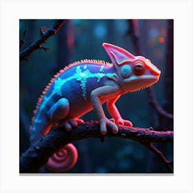 A Chameleon With Glowing, Shifting Colors, Blending Into A Neon Lit Forest Canvas Print