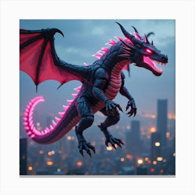 Cybernetic Dragon With Neon Lights And Futuristic Enhancements Flying Over A City 1 Canvas Print