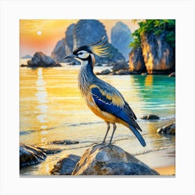 Exotic Bird On A Rock At Sunset Canvas Print