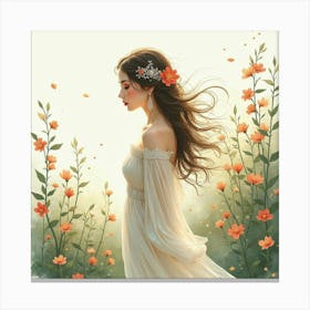 Enchanting Lady With Watercolor Serene Garden 1 Canvas Print