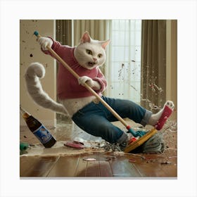 Cat Playing With A Broom Canvas Print