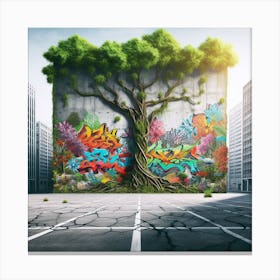 Graffiti Tree, Urban Jungle: Concrete Blossoms and Verdant Graffiti Canvas Print