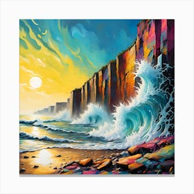 Waves Crashing Against The Cliffs Under A Sunlit Sky Canvas Print