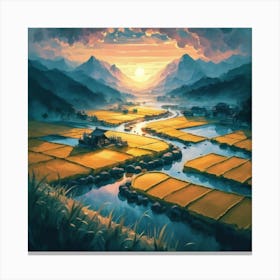Beautiful views of rice fields, close to the river and surrounded by mountains, 11 Canvas Print