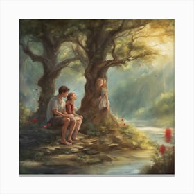 Father And Son Sitting By The River Canvas Print