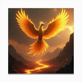 A Golden Phoenix Flying Over A Volcanic Landscape With Lava Flowing Beneath Canvas Print