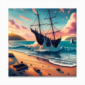 Beach Scene Sailing Ship Wreck In Foreground 1 Canvas Print