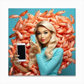 Beautiful Woman With Phone And Shrimps Canvas Print