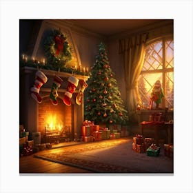 Cozy Christmas Eve Crackling Fireplace Casting A Soft Glow On The Elaborate Decorated Tree Toys Su (1) 2 Canvas Print