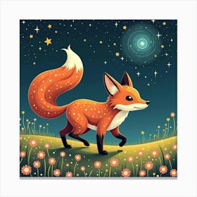 A Whimsical Fox With A Tail Of Swirling Star Patterns Prowling Through A Cosmic Meadow Canvas Print