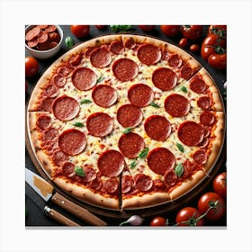 Pepperoni Pizza On A Wooden Board Canvas Print