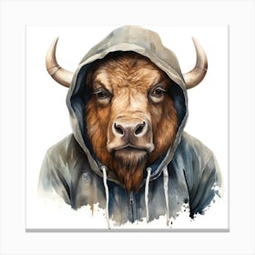 Watercolour Cartoon Bison In A Hoodie 1 Canvas Print