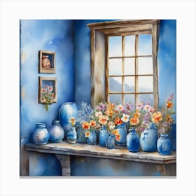 Blue wall. Open window. From inside an old-style room. Silver in the middle. There are several small pottery jars next to the window. There are flowers in the jars Spring oil colors. Wall painting.62 Canvas Print