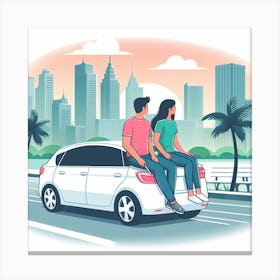 Illustration Of Young Couple Riding In A Car Canvas Print