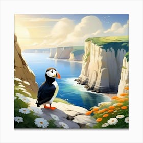 White Cliffs and Puffin Canvas Print