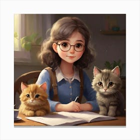 Kawaii Girl With Cats Canvas Print