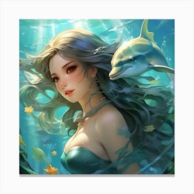 Anime Art, Mermaid and dolphin 1 Canvas Print
