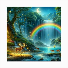 Fairy Forest With Rainbow And Deer Canvas Print