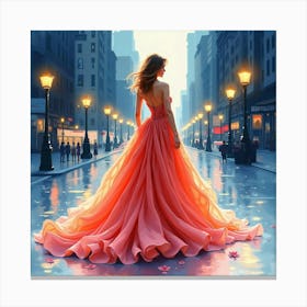 Stylish Gown Watercolor, Surrounded By Dazzling City Lights 1 Canvas Print