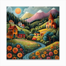 Russian Village, Naive, Whimsical, Folk Canvas Print