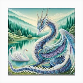 Blue Dragon And Swans Canvas Print