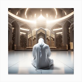 A 3d Dslr Photography Muslim Wearing Futuristic Digital Suit , Praying Towards Masjid Al Haram, House Of God Award Winning Photography From The Year 8045(1) Canvas Print