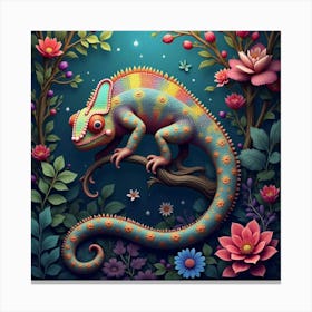 A Whimsical Chameleon With A Tail Of Cascading, Fractal Colors Blending Into A Surreal Jungle Canvas Print