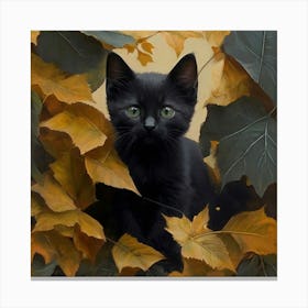 Black Kitten In Autumn Leaves Canvas Print
