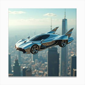 High Tech Flying Car With Chrome Wings, Hovering Through A Futuristic Skyline 1 Canvas Print