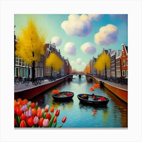 Amsterdam Tulips On The Canal Canvas Print