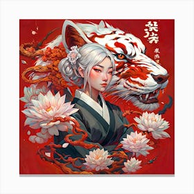 Asian Girl With flowers white Tiger Canvas Print