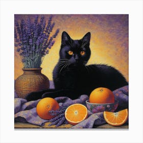 Black Cat and Flowers: A Pointillist Painting Inspired by Henri Edmond Cross 1 Canvas Print