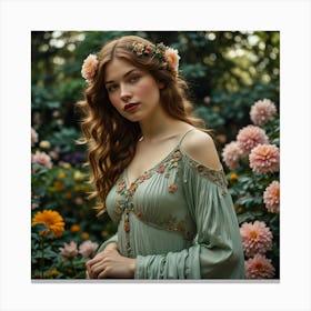 Young Woman In A Green Dress Canvas Print