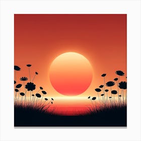 Title: "Crimson Solitude: Sunset Among the Silhouettes"  Description: "Crimson Solitude" is an evocative portrayal of the sun's descent into the horizon, casting a radiant glow that engulfs the sky and sea in a deep crimson hue. The silhouettes of wildflowers and grasses in the foreground stand in stark contrast to the bright backdrop, highlighting nature's delicate forms against the grandeur of the sunset. This artwork is a symphony of color and contrast, where the sun's perfect circle acts as a beacon of the fading day. It captures the peaceful yet powerful moment of day's end, offering a meditative scene that invites reflection on the day gone by. Perfect for any space, this piece brings the tranquility and beauty of a quiet sunset indoors. Canvas Print