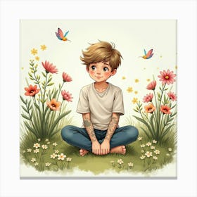 Justin Bieber In A Peaceful Watercolor Garden, Surrounded By Flowers Canvas Print