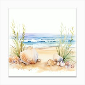 Watercolor Sea Shells On The Beach Canvas Print