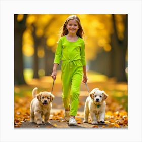 Little Girl Walking With Puppies In Autumn Canvas Print