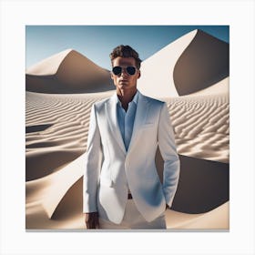 Man In White Suit In Desert Canvas Print