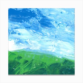 Landscape summer green blue square sky field hill meadow acrylic painting contemporary modern Canvas Print