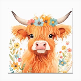 Floral Baby Highland Cow Nursery Illustration (3) Canvas Print