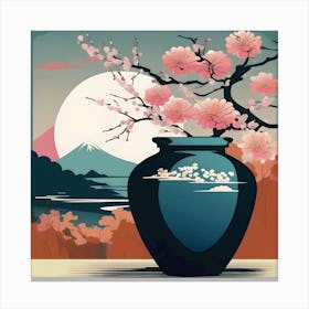 Flower Vase Decorated with Japanese Landscape, Blue, Orange and Pink Canvas Print
