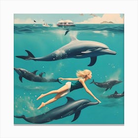 Woman Diving With Dolphins In The Sea Canvas Print