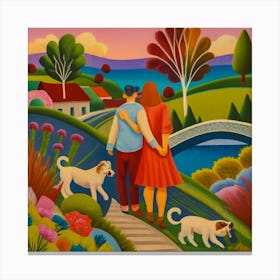 Couple Walking With Dogs Canvas Print