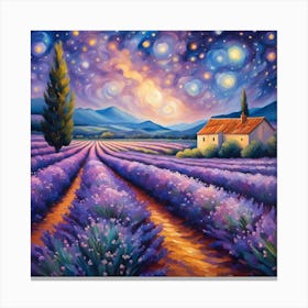 Starry Lavender Fields: A Tranquil Evening in Purple Hues Canvas Print