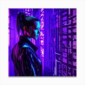 Cyberpunk Woman In Future Neon City Canvas Print