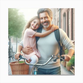 Father And Daughter On A Bicycle Canvas Print