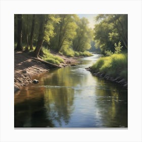 A realistic oil painting of a river, capturing the play of light and shadow on the water's surface and the intricate textures of the surrounding landscape. Canvas Print