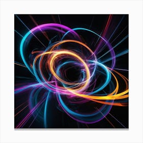 A dynamic and energetic abstract composition of glowing light trails in neon colors, swirling and overlapping in a dark background. The image should convey speed, energy, and a sense of modernity. 1 Canvas Print