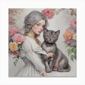 Style Joachim Beuckelaer Watercolor Vintage Style Cute With Dog Dark Grey Kitten With Flowers Whit 714499708 Canvas Print