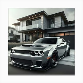 Silver Grey Dodge Hellcat With Full Body Kit In Front Of Modern House Canvas Print